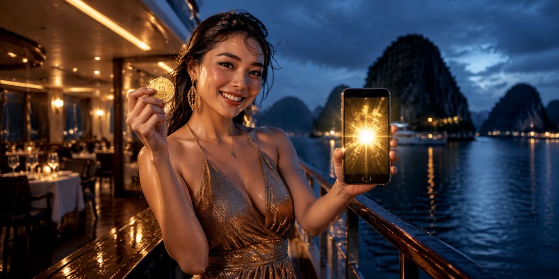 Người dùng dùng điện thoại xem kèo tại Hạ Long Bay